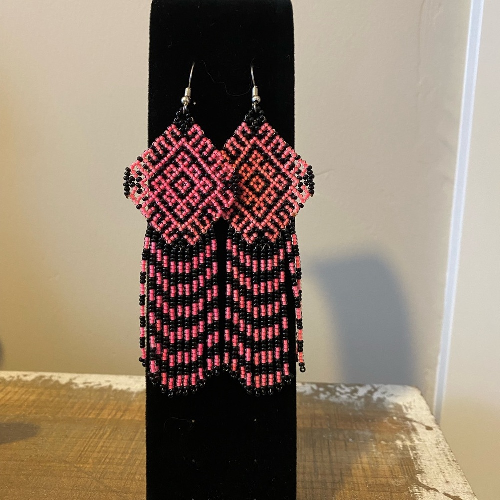Boho Beaded Black and White Tassel Earrings